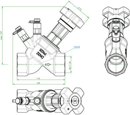 Oventrop Hydrocontrol VTR Strangregulierventil PN 25 DN 10 Rotguss mit 2 Messventilen