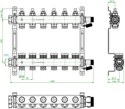OVENTROP Multidis SFQ Edelstahl-Heizkreisverteiler mit Durchflussindikator, 2 Heizkreise, Q-Tech