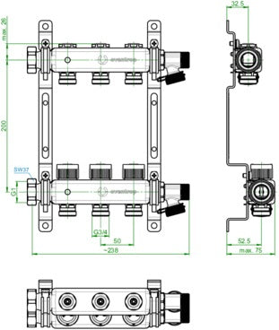 OVENTROP Multidis SF Edelstahl-Heizkreisverteiler 2 Kreise mit Reguliereinsätzen