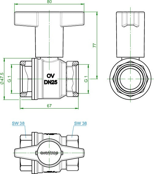 OVENTROP Optibal Knebelgriff-Kugelhahn PN 16 Messing DN 10 (3/8 Zoll) – Volldurchgang, vernickelt