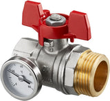 OVENTROP Kugelhahn mit Thermometer, roter Griff 3/4" IG x 1" AG, Messing vernickelt