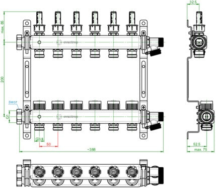 Oventrop Multidis SF Edelstahl-Verteiler 2 Kreise mit Durchfluss-, Mess- und Reguliereinsätzen
