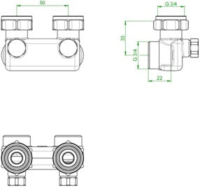 OVENTROP Umlenkstück mit Absperrung Eckform 50 mm G 3/4 ÜM x G 3/4 Eurokonus Messing vernickelt
