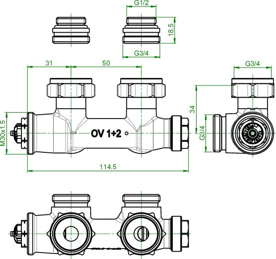 Oventrop Multiblock T Zweirohrarmatur 3/4 Zoll Durchgang – Regeln, Absperren, Entleeren