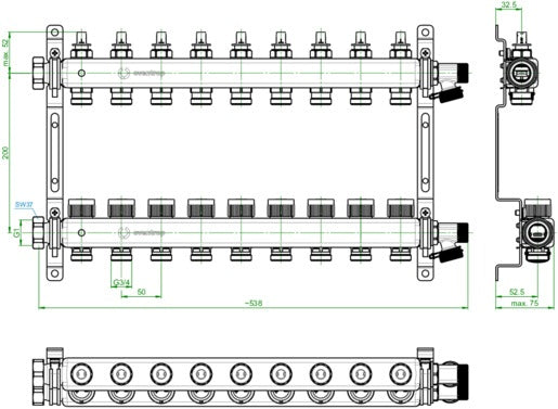 OVENTROP Multidis SFQ Edelstahl-Heizkreisverteiler mit Durchflussindikator, 2 Heizkreise, Q-Tech