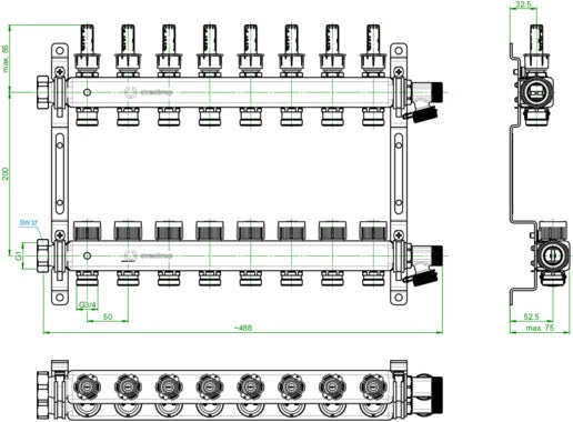 Oventrop Multidis SF Edelstahl-Verteiler 2 Kreise mit Durchfluss-, Mess- und Reguliereinsätzen