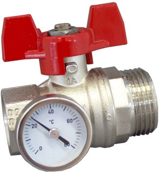 OVENTROP Kugelhahn mit Thermometer, roter Griff 3/4" IG x 1" AG, Messing vernickelt
