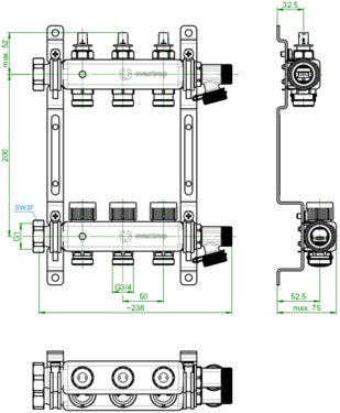 OVENTROP Multidis SFQ Edelstahl-Heizkreisverteiler mit Durchflussindikator, 2 Heizkreise, Q-Tech