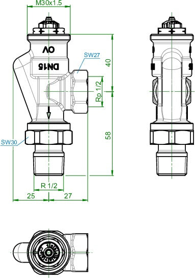 Oventrop Thermostatventil AV 9 M 30x1,5, PN 10, Vorlauf-Axial DN 10, voreinstellbar