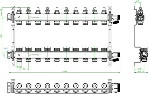 OVENTROP Multidis SFQ Edelstahl-Heizkreisverteiler mit Durchflussindikator, 2 Heizkreise, Q-Tech