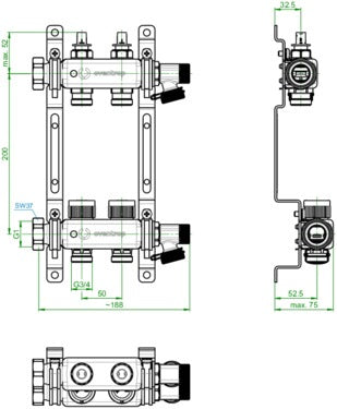OVENTROP Multidis SFQ Edelstahl-Heizkreisverteiler mit Durchflussindikator, 2 Heizkreise, Q-Tech