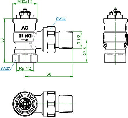 Oventrop Thermostatventil AV 9 M 30x1,5, PN 10, Eck DN 10 – voreinstellbar