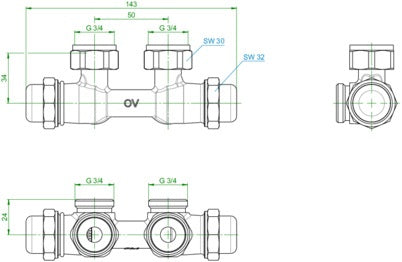 OVENTROP Multiflex FQ Verschraubung 3/4Z ÜMx3/4Z AG Messing vernickelt – Automatischer Hydraulischer Abgleich