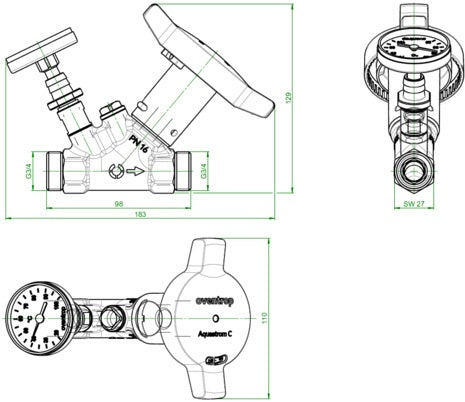 OVENTROP Zirkulationsventil Aquastrom C DN 32, G 1 1/2, ohne WD, mit Thermometer