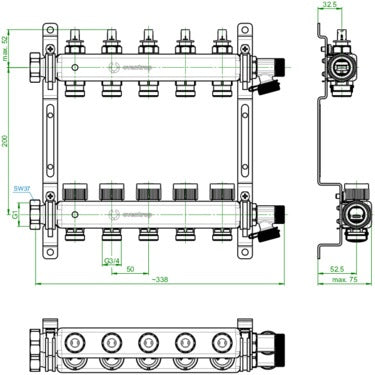 OVENTROP Multidis SFQ Edelstahl-Heizkreisverteiler mit Durchflussindikator, 2 Heizkreise, Q-Tech