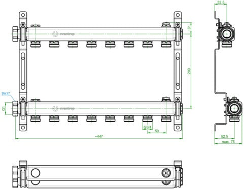 OVENTROP Multidis SH Edelstahl-Verteiler für Heizkörperanbindung G 3/4Z AG 2 Kreise