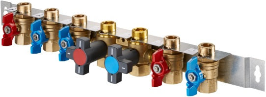 OVENTROP OV Kugelhahnanschluss-Set für Regudis W-HTF – 7 Kugelhähne, G 3/4, Montageschiene
