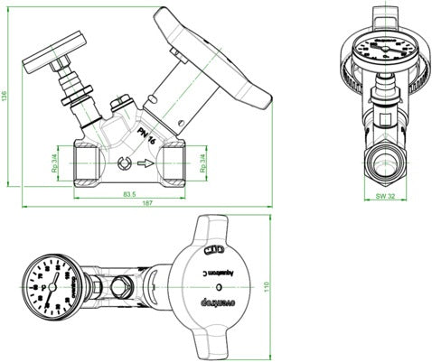 OVENTROP Zirkulationsventil Aquastrom C DN 15 Rp 1/2 mit Wärmedämmung & Thermometer