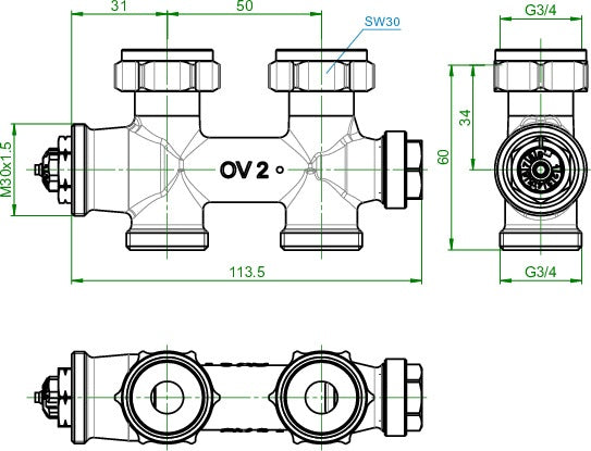 Oventrop Multiblock T Zweirohrarmatur 3/4 Zoll Durchgang – Regeln, Absperren, Entleeren