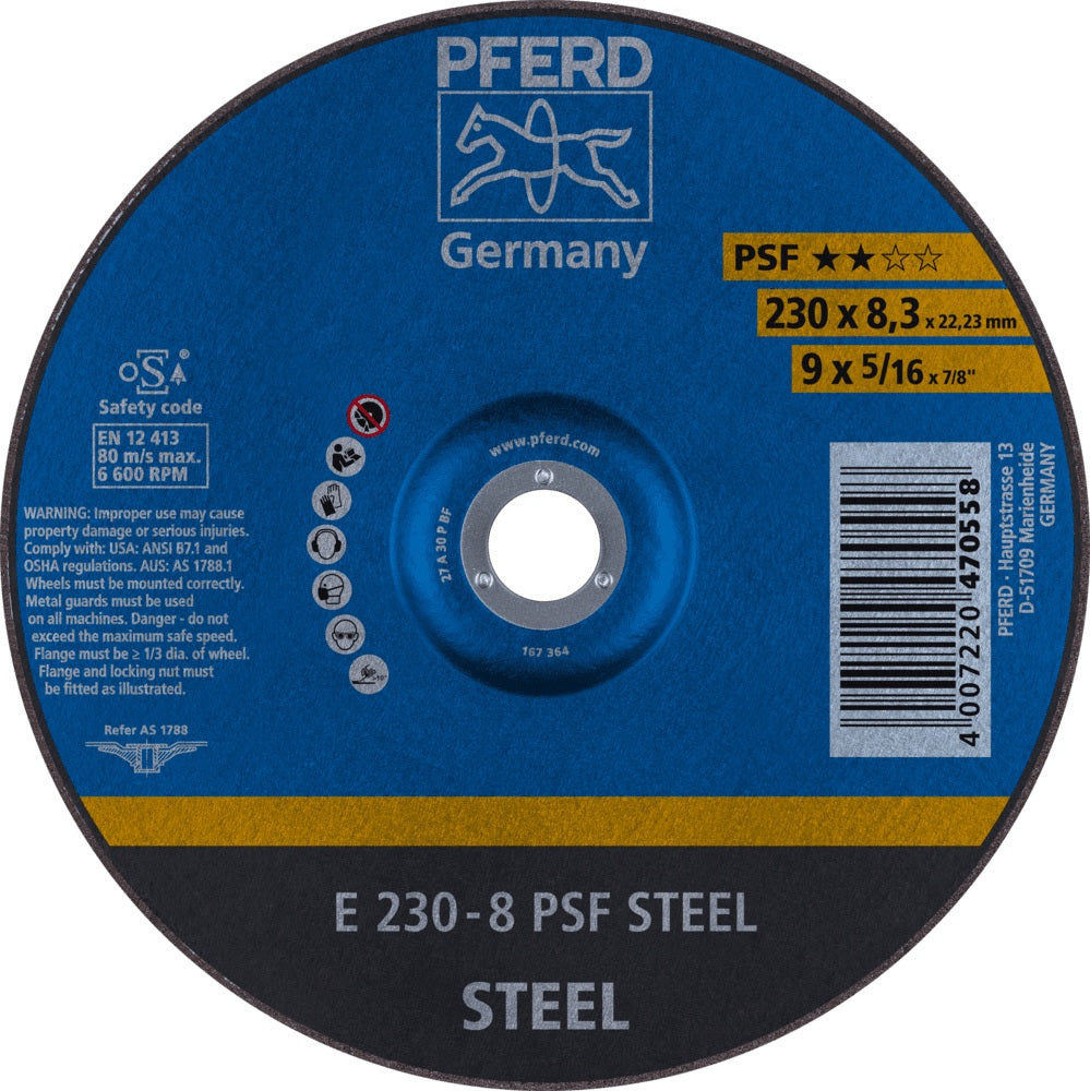 PFERD Schruppscheibe PSF STEEL Ø115 mm, 7,2 mm, Korund A – 10 Stück für Winkelschleifer
