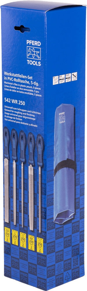 PFERD Feilensatz 250 mm Hieb 2 mit 2K-Ergo-Heft, 5-teilig für Stahl, Aluminium und Guss