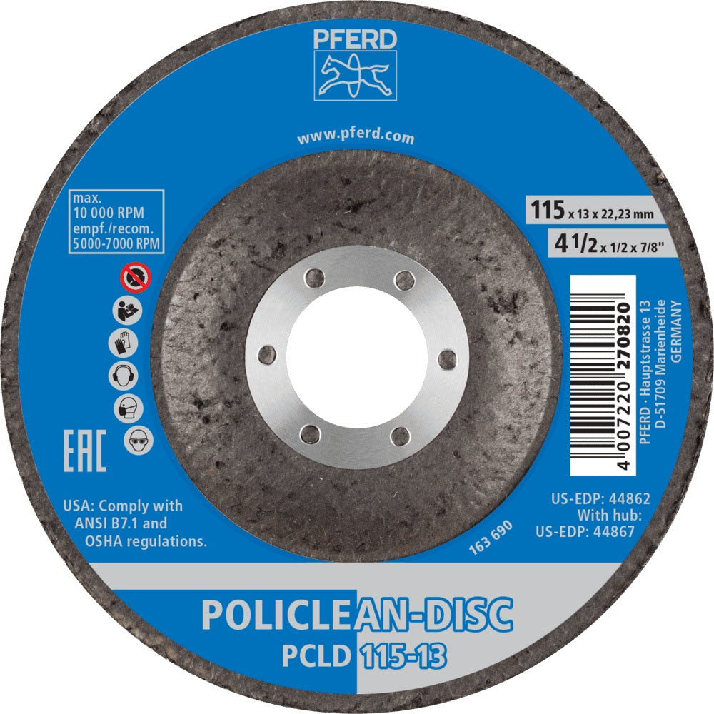 PFERD POLICLEAN Grobreinigungsscheibe Ø115x13 mm, Bohrung 22,23 mm – für Edelstahl, Stahl, ALU