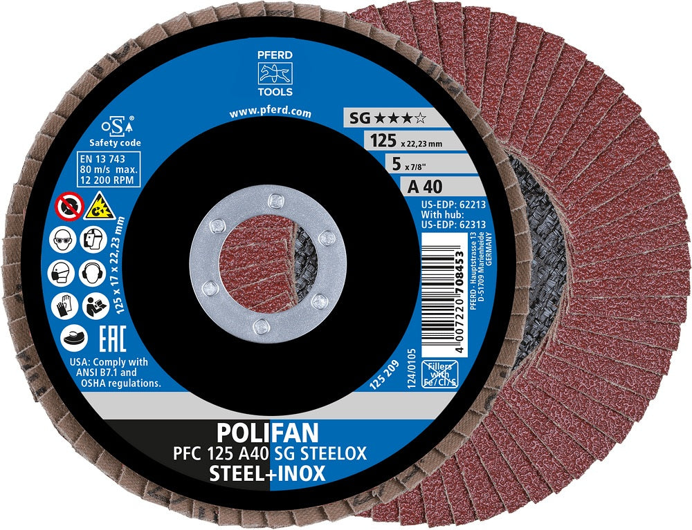 PFERD POLIFAN A SG STEELOX Fächerscheibe Ø125 mm Körnung 40 konisch INOX – 10 Stück