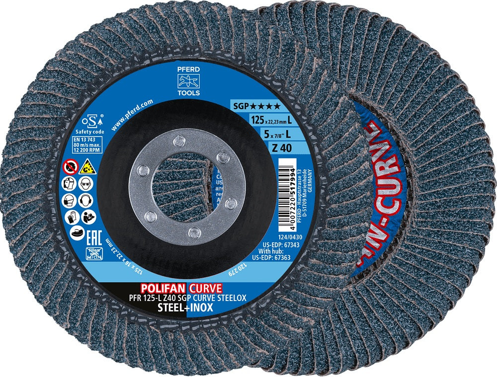 PFERD POLIFAN Z SGP CURVE STEELOX Fächerscheibe Ø125 mm Körnung 40 für INOX und Stahl
