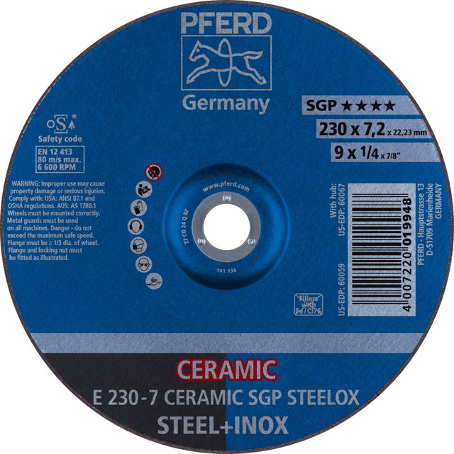 PFERD Schruppscheibe CERAMIC SGP STEELOX Ø230 mm Keramikkorn für Edelstahl und Stahl