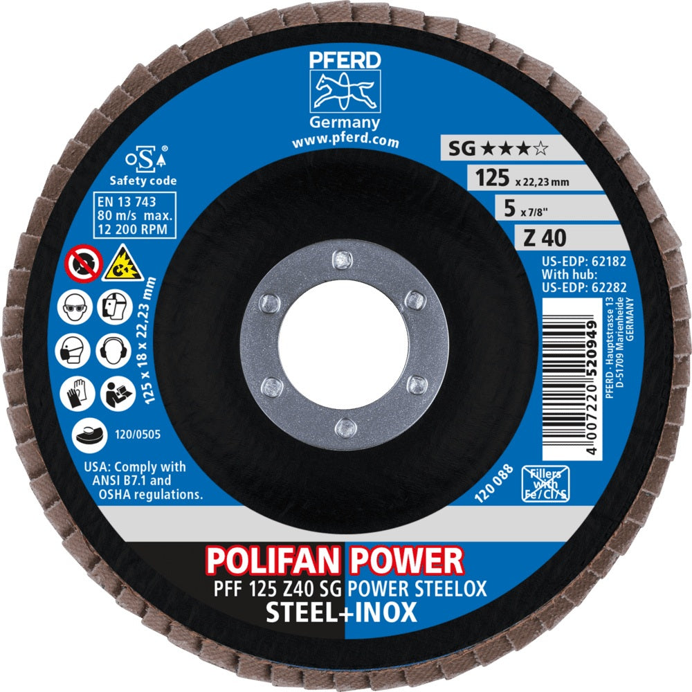 PFERD POLIFAN Z SG POWER STEELOX Fächerscheibe Ø125 mm Körnung 40 konisch für INOX und Stahl