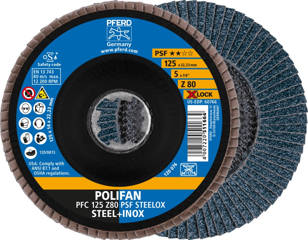 PFERD Fächerscheibe X-LOCK PSF Z STEELOX Ø125 mm K40 konisch für Stahl & INOX – 10 Stück