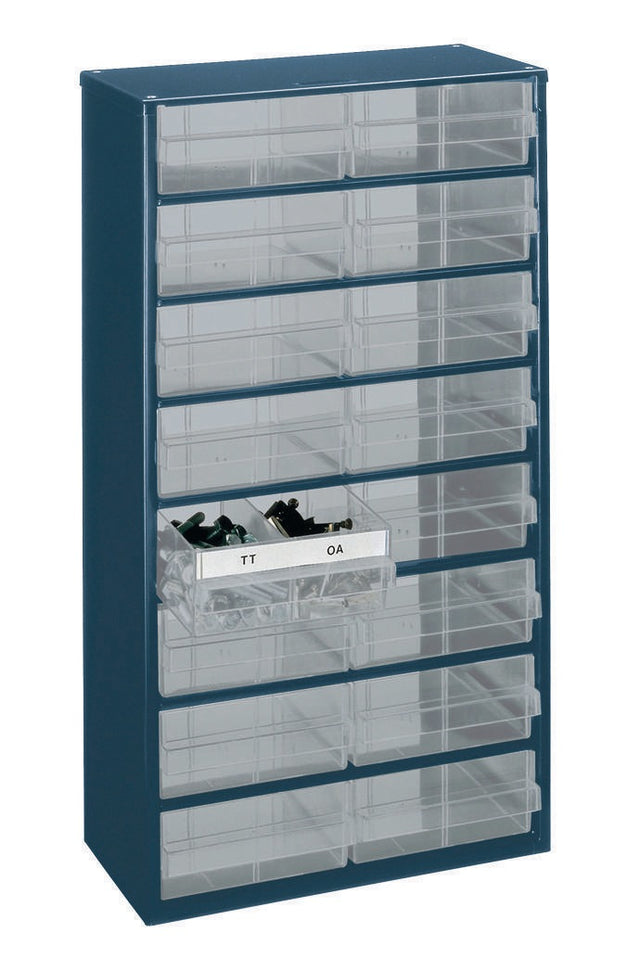 raaco Kleinteilemagazin Stahlblech 306x150x552 mm – 16 Schubladen aus PP, dunkelblau/transparent