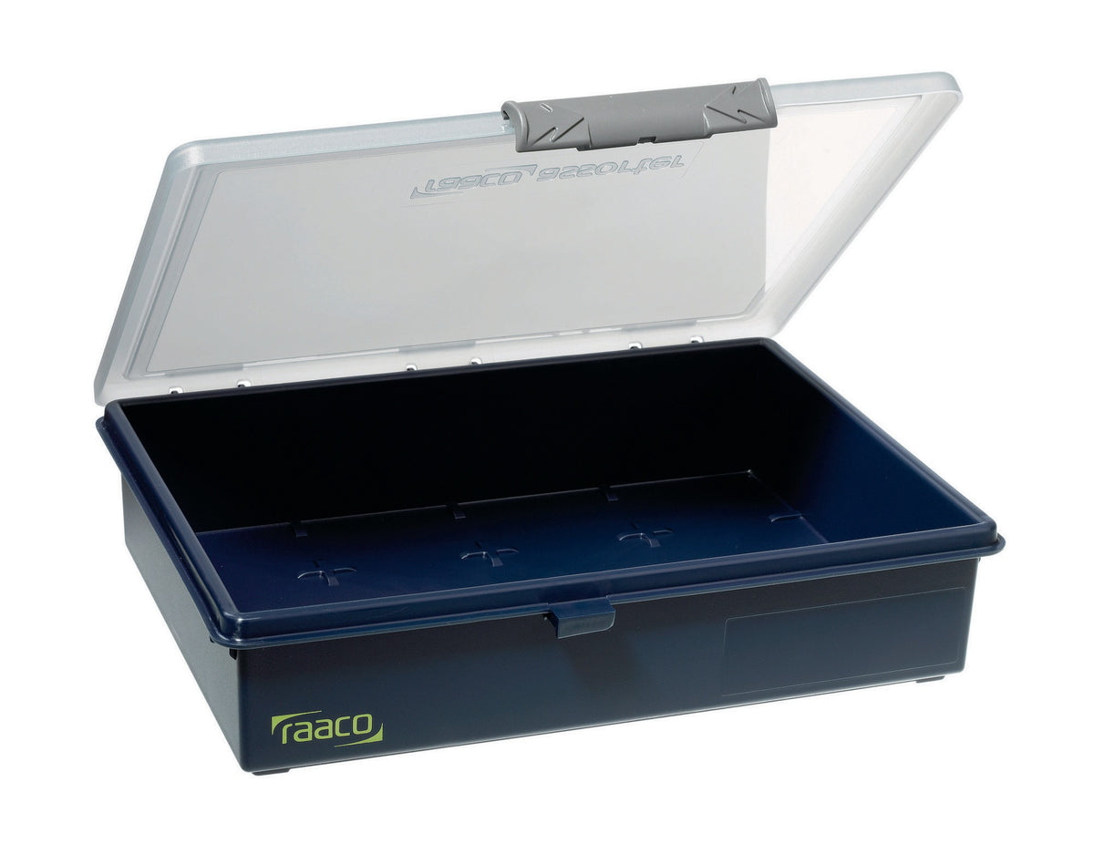 raaco Sortimentskasten Assorter 55 4x4-0, 241x195x56 mm, Unterteil dunkelblau, Deckel transparent