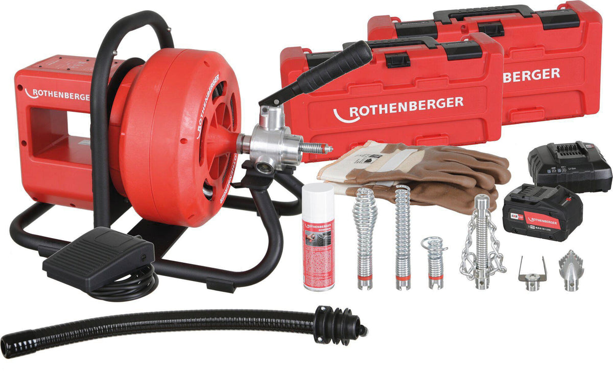 ROTHENBERGER Akku-Rohrreinigungsmaschine RODRUM VarioClean CAS für Rohr-Ø 40-100 mm, 18 V, 8 Ah