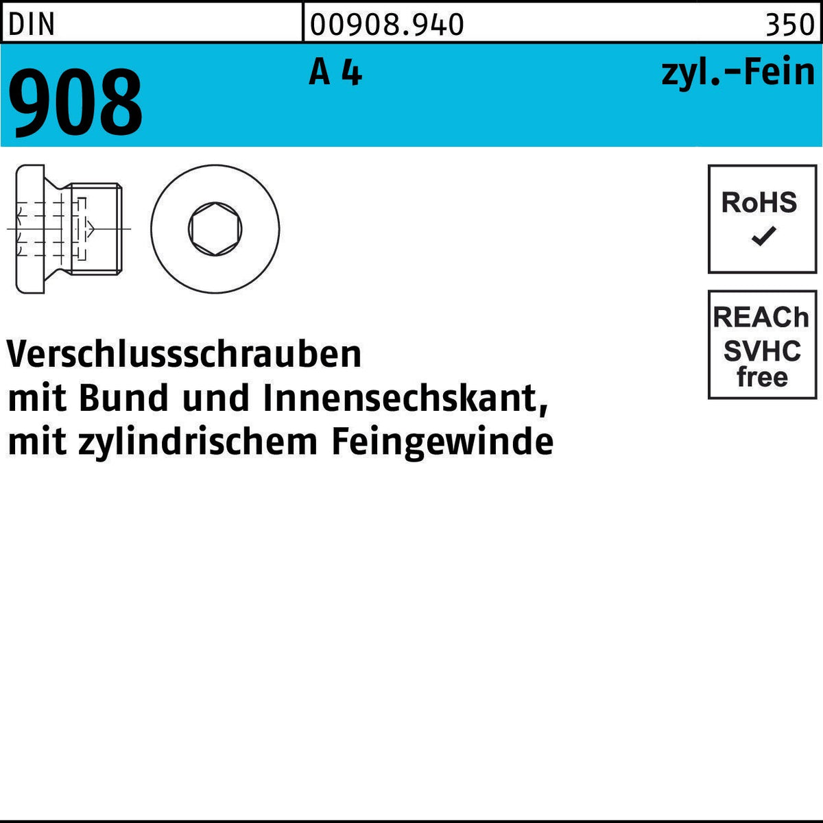 F. REYHER Verschlussschraube DIN 908 mit Bund und Innensechskant M30x2 A4
