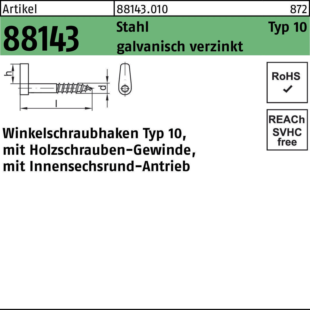 Winkelschraubhaken R 88143 Typ 10 50x5,2x9 mm Stahl verzinkt 100 Stück von REYHER