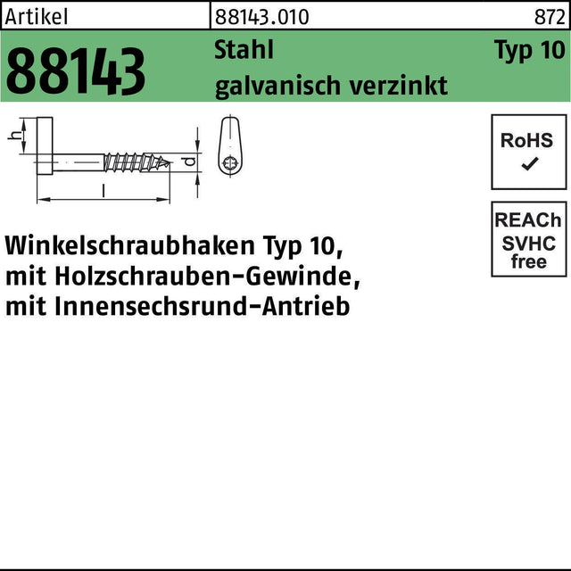 Winkelschraubhaken R 88143 Typ 10 50x5,2x9 mm Stahl verzinkt 100 Stück von REYHER