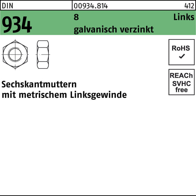 Sechskantmutter DIN 934 Linksgewinde M4 – 8 galvanisch verzinkt, 100 Stück von F. REYHER