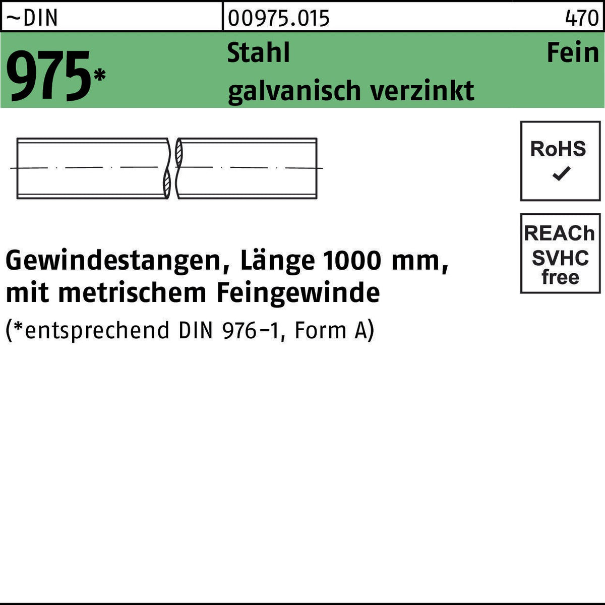F. REYHER Gewindestange DIN 975 M12 x 1,5 x 1000 mm Stahl galvanisch verzinkt