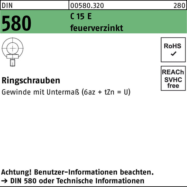 F. REYHER Ringschraube DIN 580 M8 C 15 E feuerverzinkt – 25 Stück