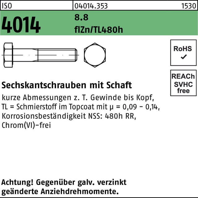 F. REYHER Sechskantschraube ISO 4014 M6x30 8.8 flZn/TL 480h – 500 Stück