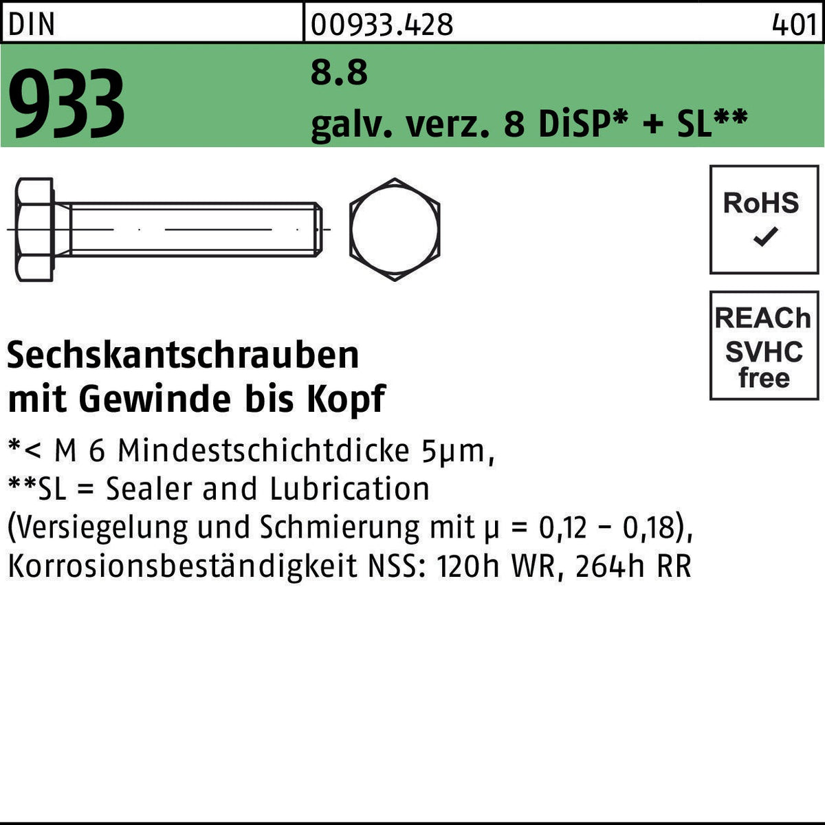 Sechskantschraube DIN 933 VG M3x8 8.8 galv. verz. 500 Stück von F. REYHER