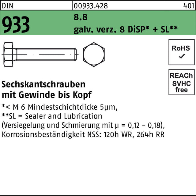 Sechskantschraube DIN 933 VG M3x8 8.8 galv. verz. 500 Stück von F. REYHER
