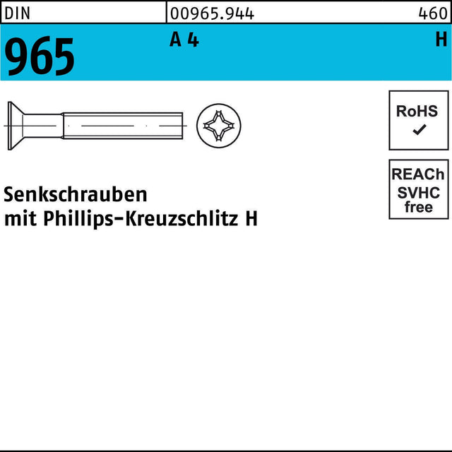 Senkschraube DIN 965 PH M4x50-H A4 Edelstahl 200 Stück von F. REYHER