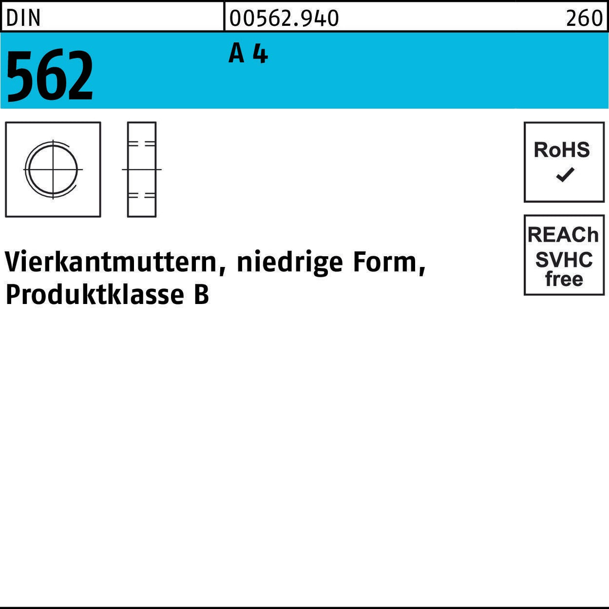 Vierkantmutter DIN 562 niedrige Form M3 A4 von F. REYHER – 100 Stück