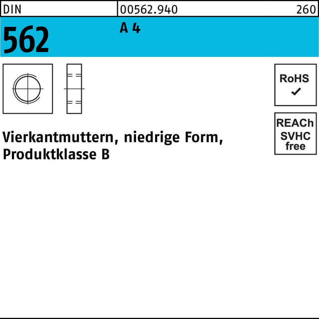 Vierkantmutter DIN 562 niedrige Form M3 A4 von F. REYHER – 100 Stück