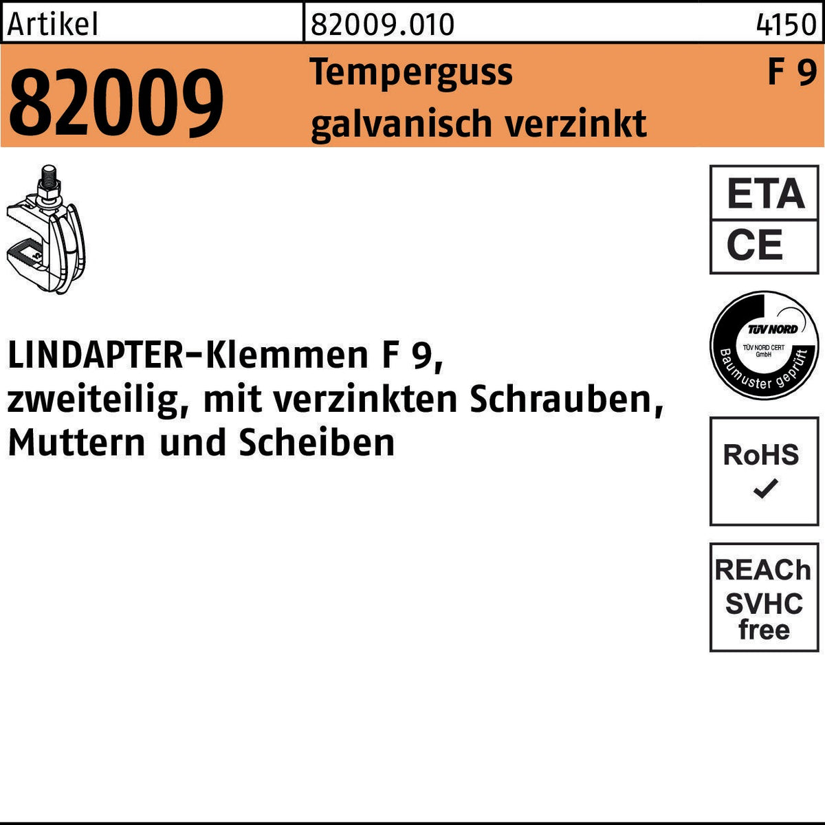 LINDAPTER Klemme R 82009 GTW 40 F 9 M10/19 – Temperguss, galvanisch verzinkt