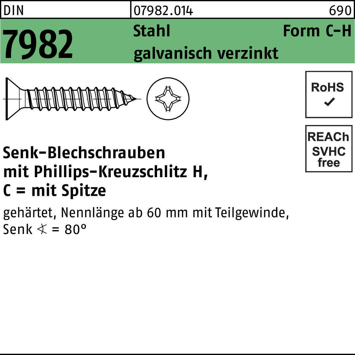 F. REYHER Senkblechschraube DIN 7982 PH/Spitze C 3,9x60-H Stahl galvanisch verzinkt 250 Stück