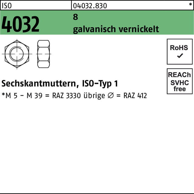 Sechskantmutter ISO 4032 M10 8 galvanisch vernickelt 500 Stück von BUFAB