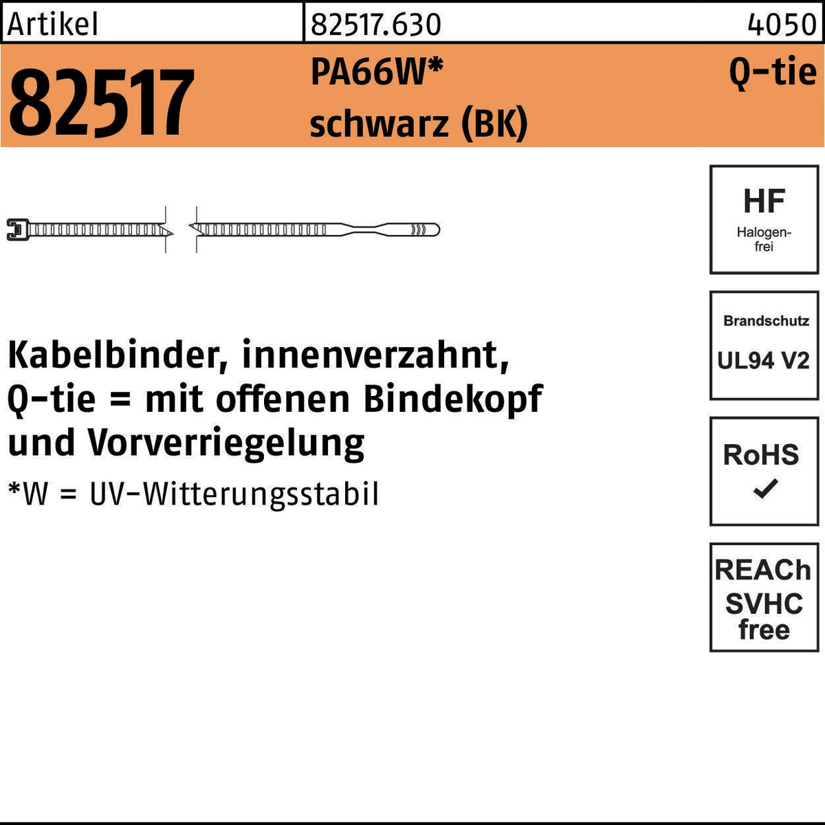 HELLERMANNTYTON Kabelbinder R 82517 Q-tie 4,7 x 210 mm PA66W schwarz